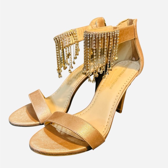 EUC Adrienne Vittadini Women’s Gold Rhinestone Fringe Heels w/Ankle Strap Size 9 - Picture 1 of 6